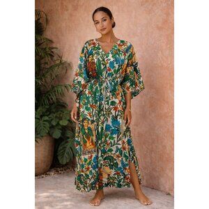 Frida Kahlo Inspired Tropical Botanical Caftan Maxi Dress
